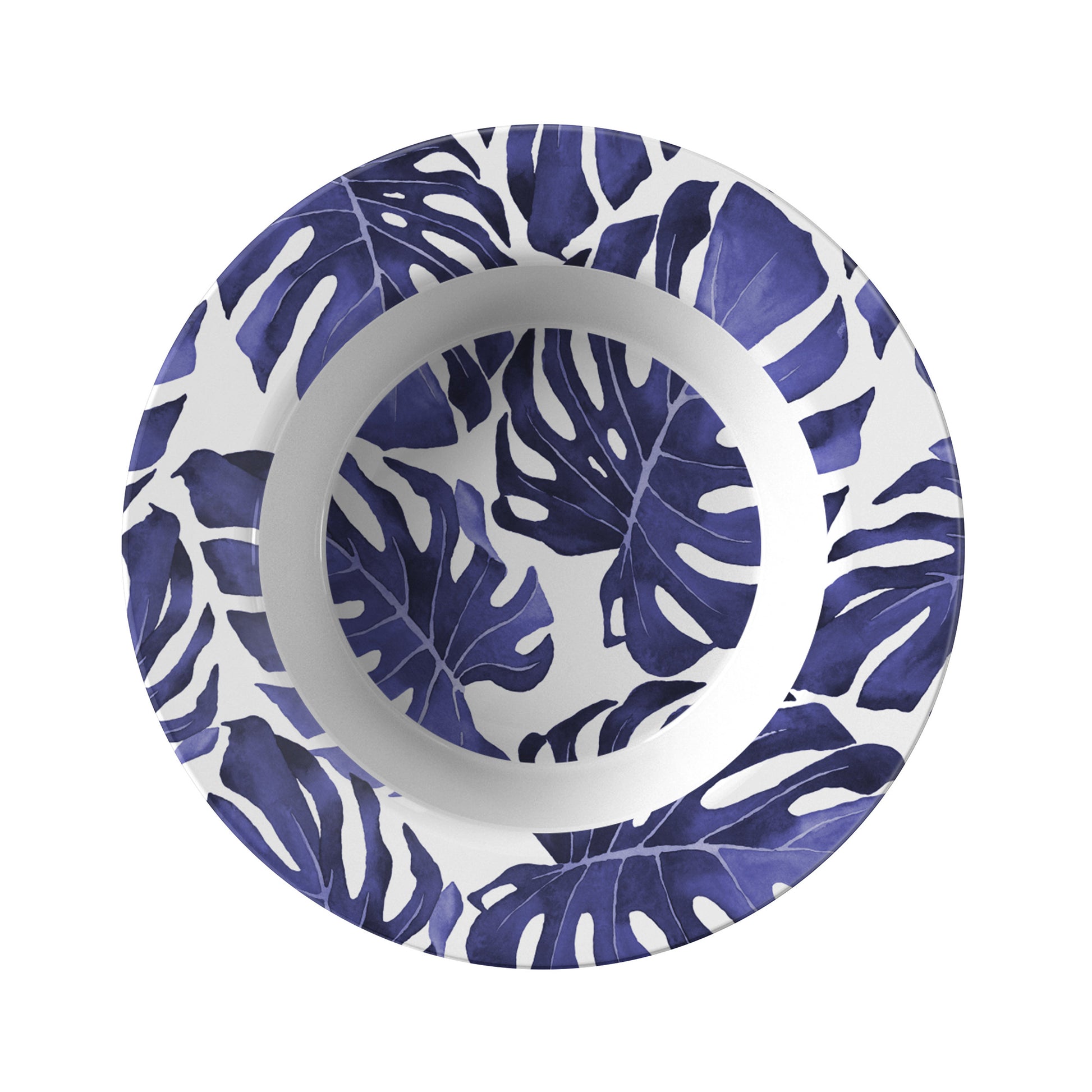 Wide rim soup bowl made of plastic with blue and white monstera leaf print.