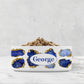 Personalized blue and white pet bowl. Gemstone dog or cat bowl blue sapphire and gold customized with any name or word.