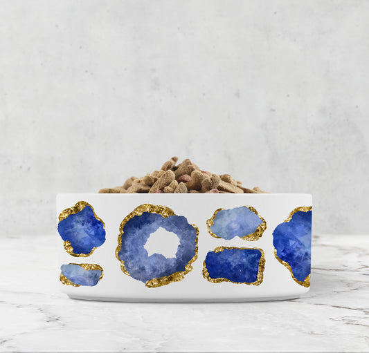 Gorgeous dog bowl with blue sapphire and gold gemstones printed on it. Available in large or small for your cat or dog food or water.