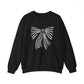 Bow print sweatshirt features a hand-drawn black-and-white striped oversized bow design on a black sweatshirt.