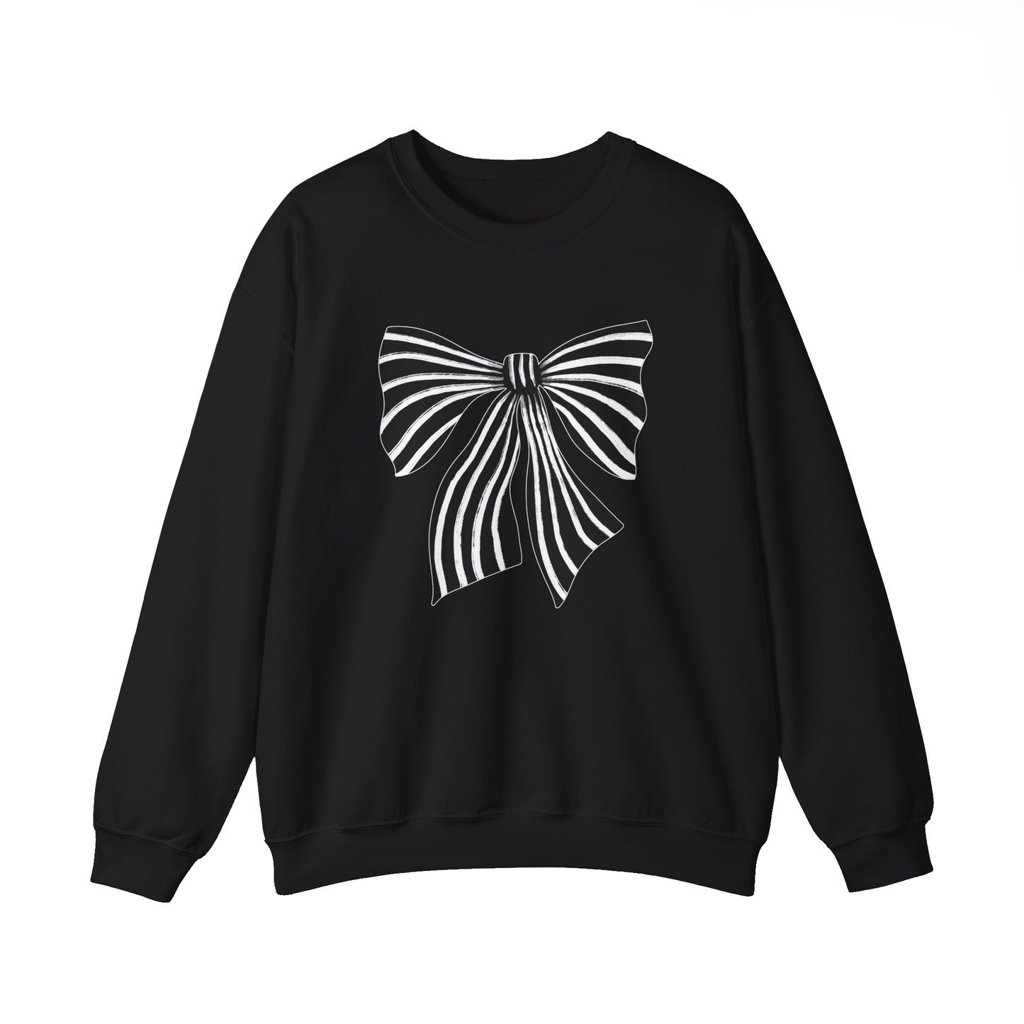 Bow print sweatshirt features a hand-drawn black-and-white striped oversized bow design on a black sweatshirt.