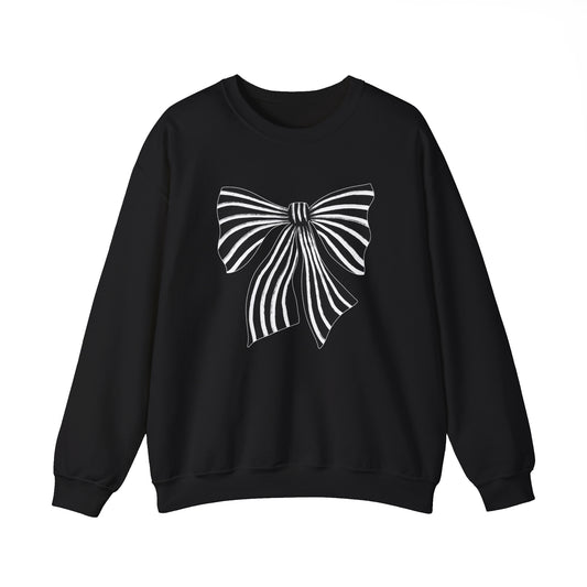 Bow print sweatshirt features a hand-drawn black-and-white striped oversized bow design on a black sweatshirt.