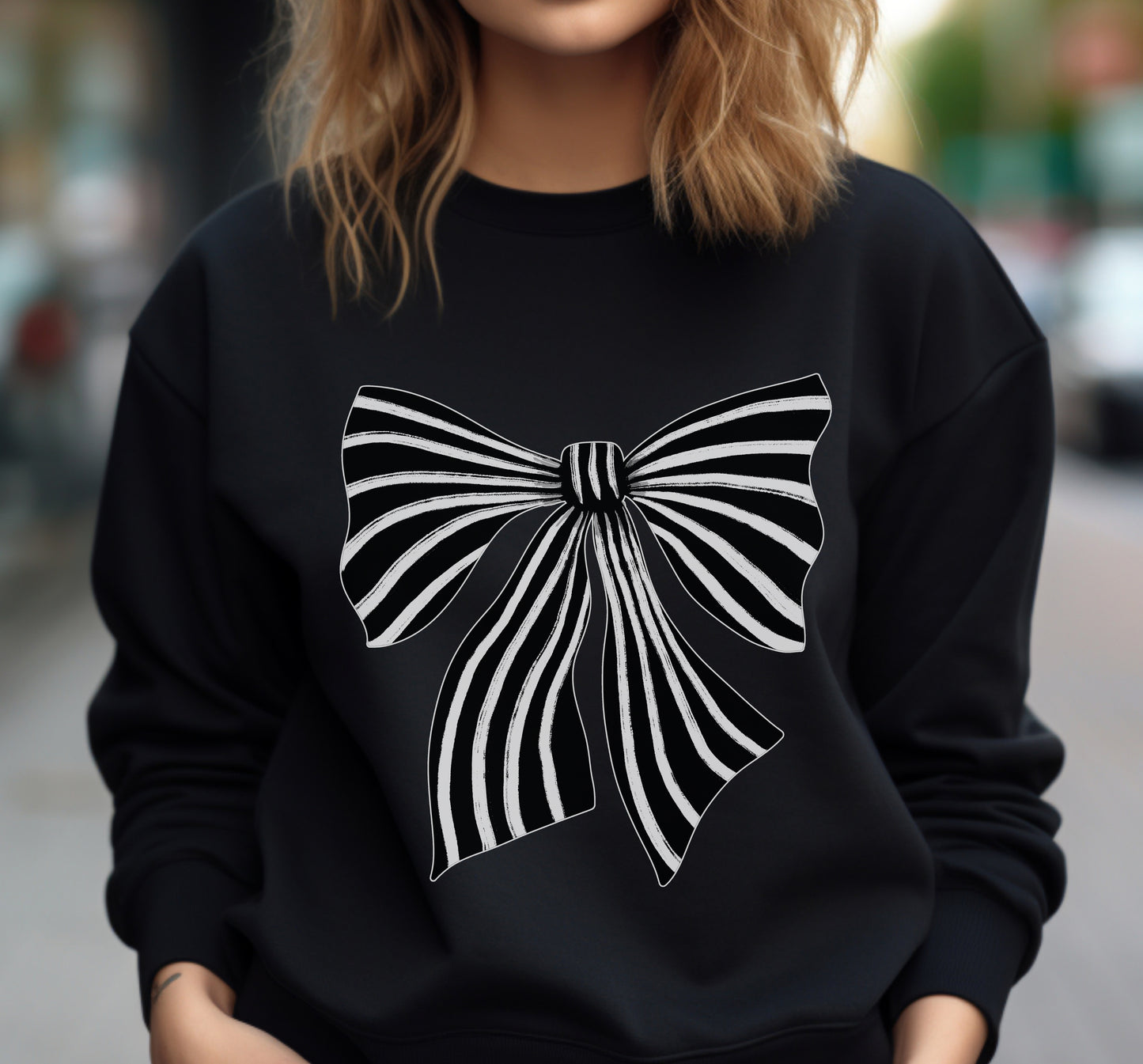Chic Striped Bow Print Sweatshirt