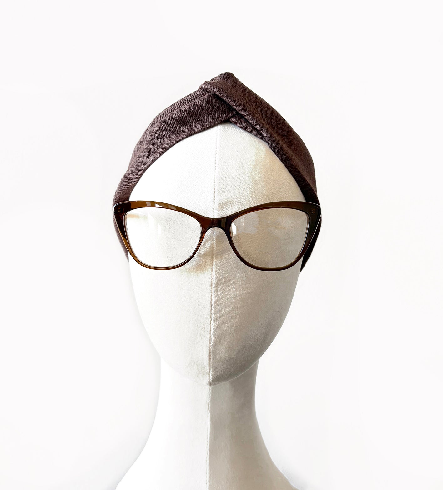 Brown 100% Linen Turban Top Knot Headband for Women, handcrafted in USA