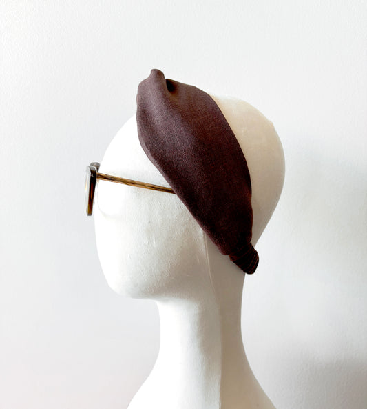 Brown Linen Headband, Twist Top Knot Turban Headband with Elastic