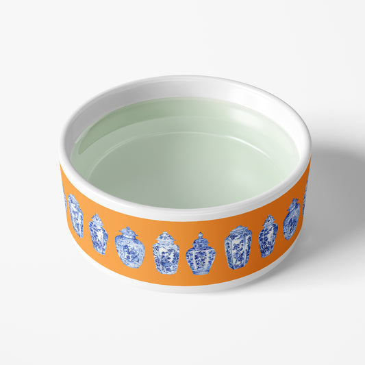 Chinoiserie Ginger Jar Pet Bowl, Ceramic, Orange and Blue