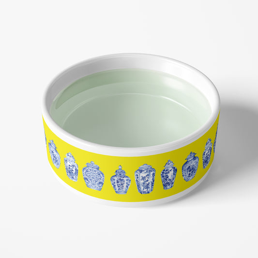 Chinoiserie Ginger Jar Pet Bowl, Ceramic, Blue & Yellow