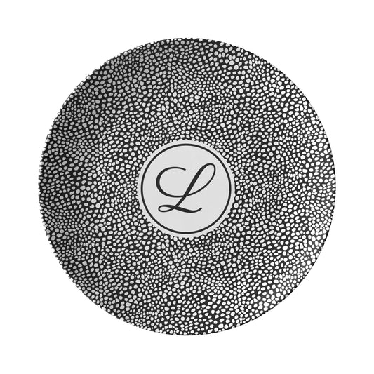 Custom monogrammed dinner plate 10" - black white cheetah print with monogram initials at center