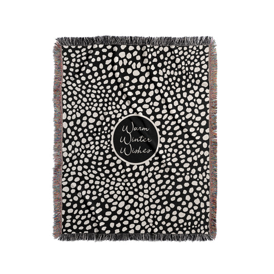 Custom black and cream woven blankets and throws with stylish cheetah spots pattern, personalized with monogram initials, a name, or warm message, make the perfect one-of-a-kind gift.