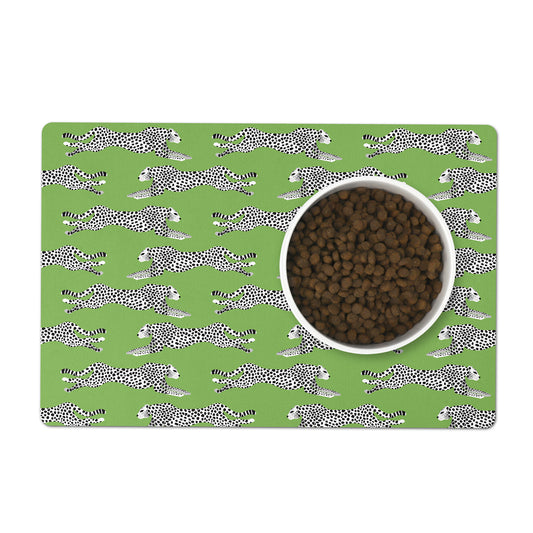 Cheetah print pet feeding mat for dog or cat water or food bowls.