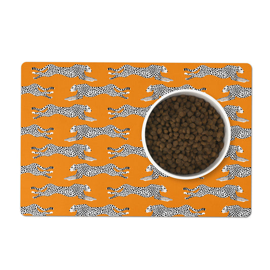 Chic orange, white and black cheetah print pet feeding mat.