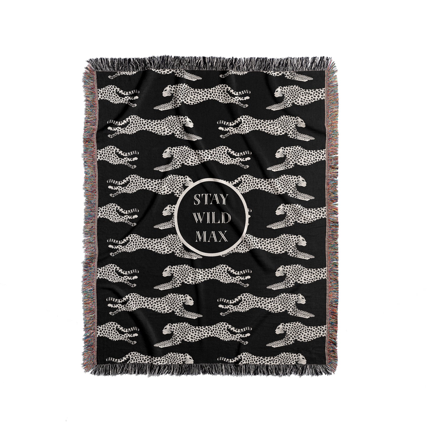 Custom black and cream woven blankets and throws with stylish CHEETAH pattern, personalized with monogram initials, a name, or warm message, make the perfect one-of-a-kind gift.