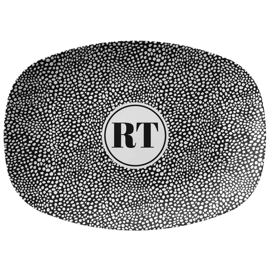 Monogrammed Serving Platter, black and white platter features cheetah spots and custom initials