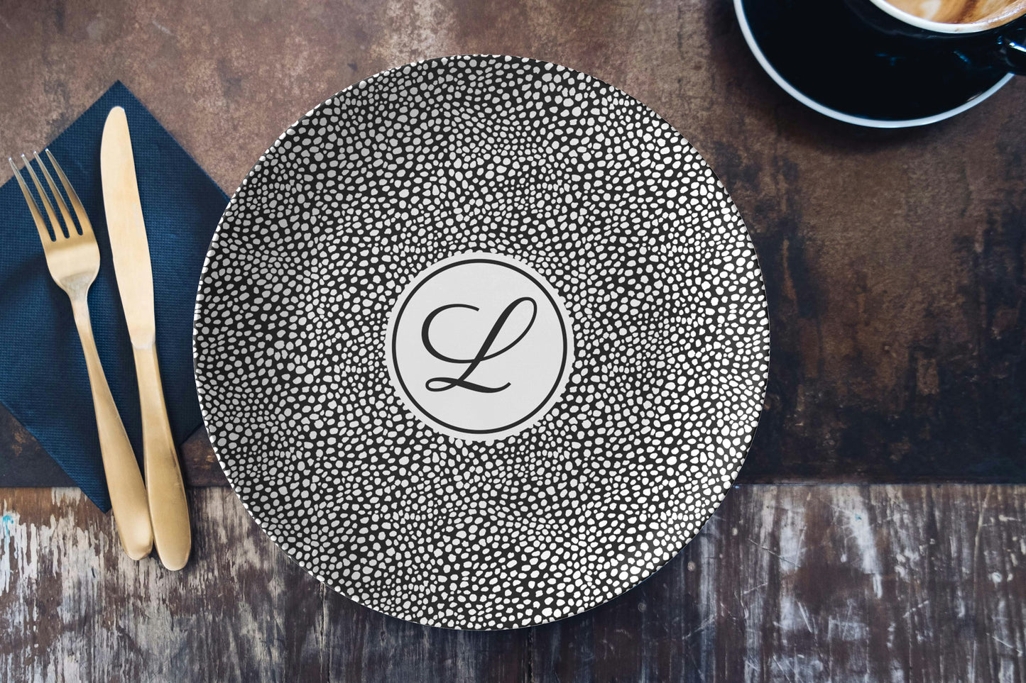 Personalized monogram dinnerware plate - black and white cheetah print with monogram initials at center