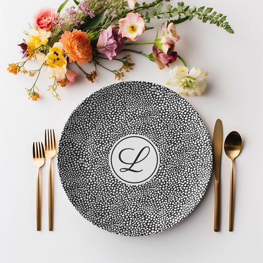 Stylish monogrammed dinner plate 10" - black white cheetah print customized with monogram initials at center