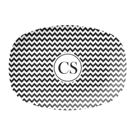 Personalized gift monogrammed serving platter with black and white zig zag stripes. Classic Chevron Stripes with custom monogram initials at center 