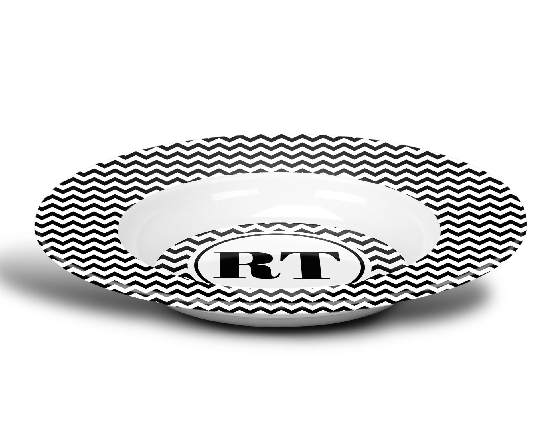 Personalized Soup Plate Bowl with black and white zig zag chevron stripes customized with name initials