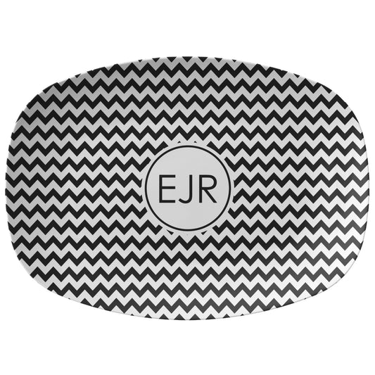 Personalized monogrammed serving platter with black and white zig zag stripes. Classic Chevron Stripes with custom monogram initials at center 