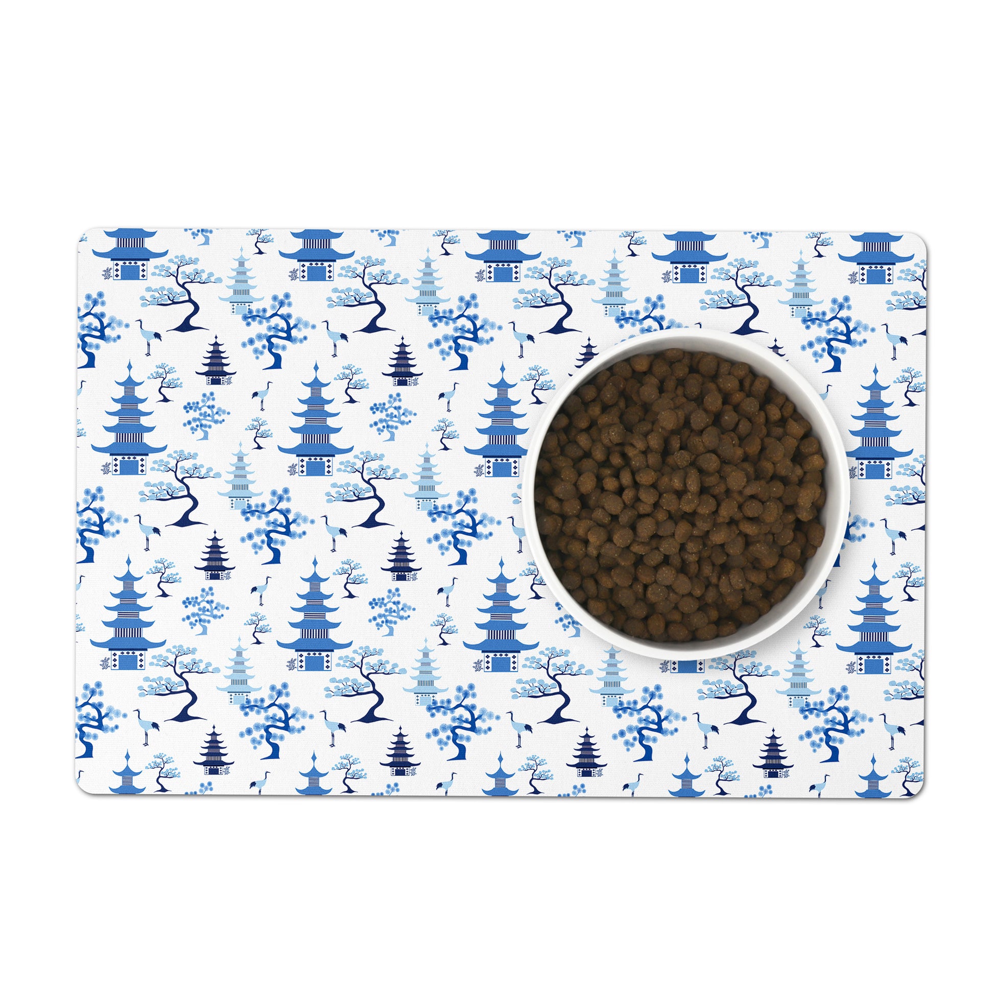 Blue and white modern chinoiserie pet feeding mat for dog food and water bowls.