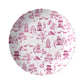 Pink chinoiserie toile plate features pagodas, trees, mountains and bridges printed on a white dinner plate.