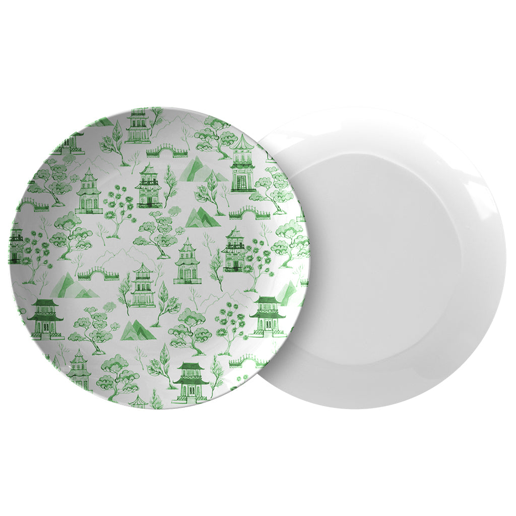 Chinoiserie Toile Dinner Plate, Green and White, Luxury Plastic, Choose Single or Set