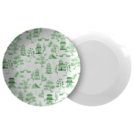Chinoiserie Toile Dinner Plate, Green and White, Luxury Plastic, Choose Single or Set