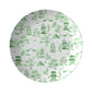 Green pagodas, trees, mountains and bridges are printed on this chinoiserie toile inspired white dinner plate.