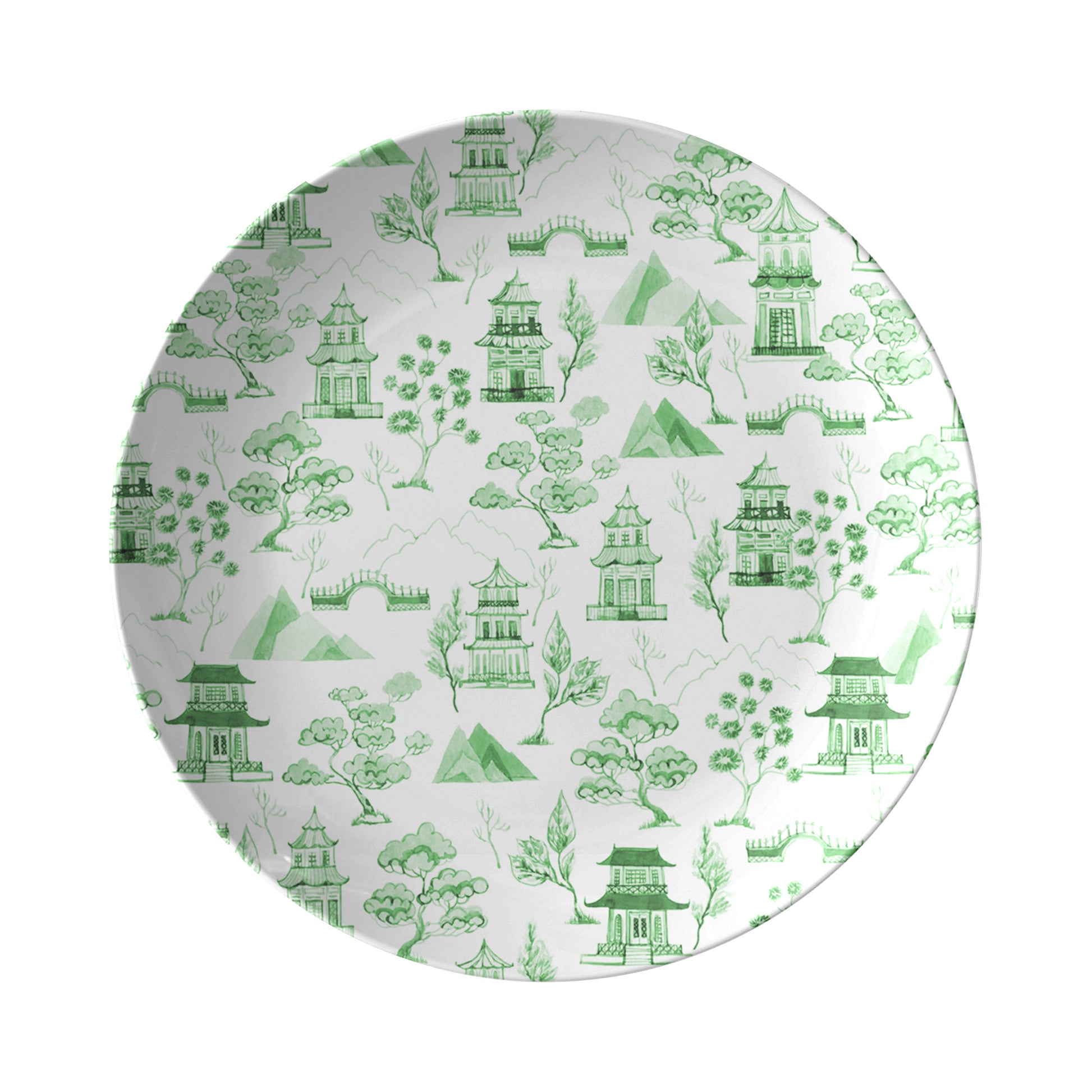 Green pagodas, trees, mountains and bridges are printed on this chinoiserie toile inspired white dinner plate.