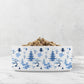 Modern chinoiserie dog food bowl or cat water bowl features blue and white pagodas,  bonsai trees and crane birds hand drawn by Alyssa Reuven.