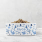 Modern chinoiserie pet bowl in blue and white customized with any name or word.