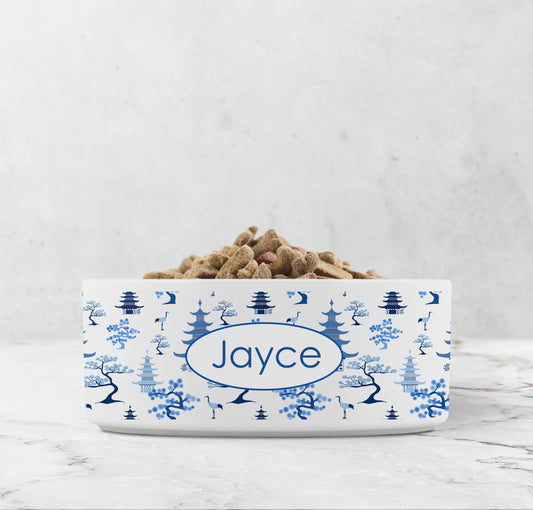 Modern chinoiserie pet bowl in blue and white customized with any name or word.