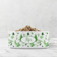 Green chinoiserie pet bowl with custom name.