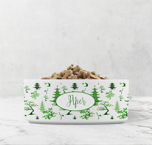 Green chinoiserie pet bowl with custom name.