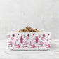 Pink chinoiserie dog food or cat water bowl features hand drawn bonsai trees, pagodas and crane birds.