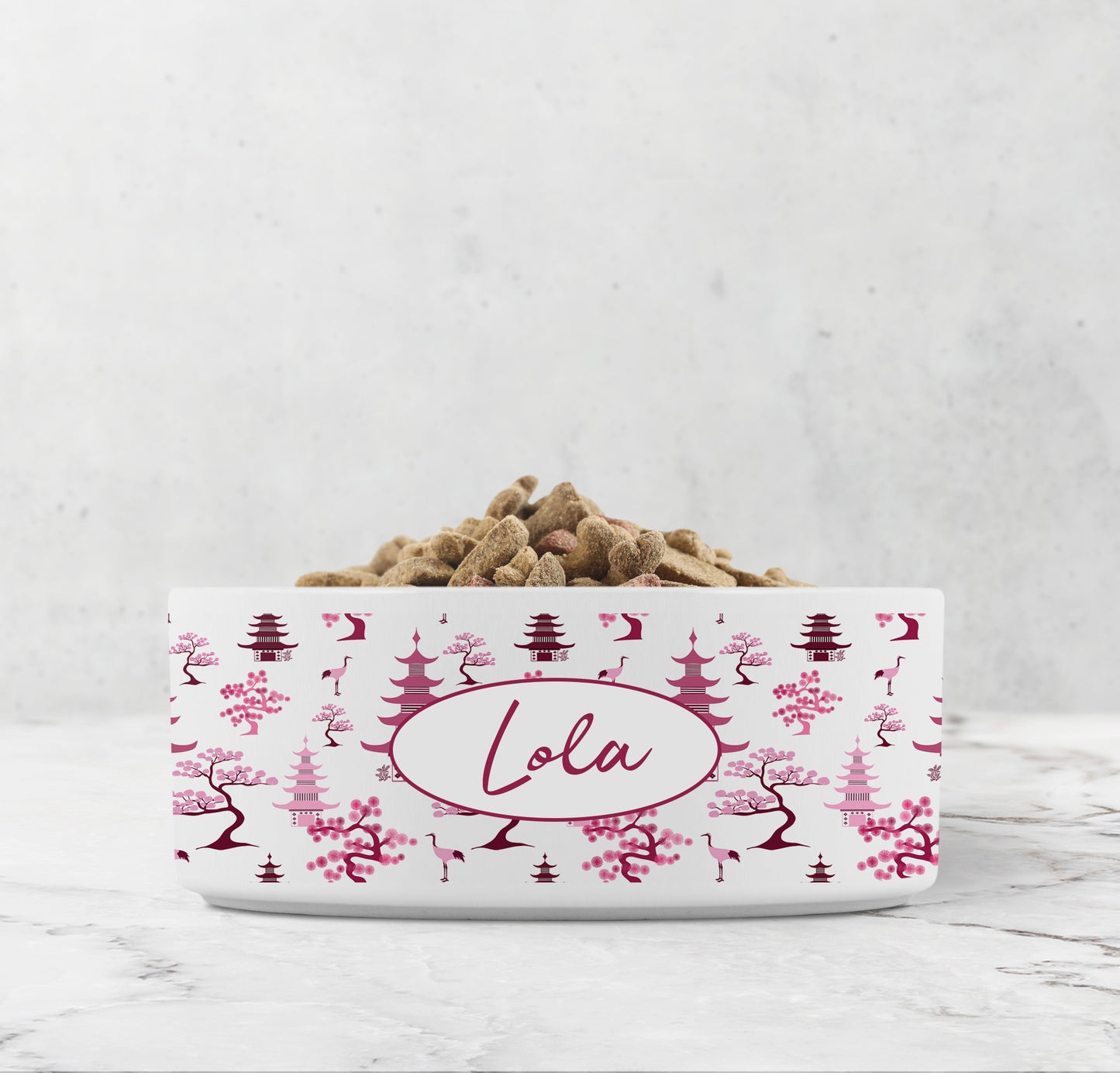 Pink modern chinoiserie dog bowl custom with any name or word. Cute cat gifts.