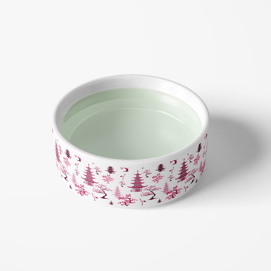 Pink & White chinoiserie print on heavy spill proof ceramic dog bowl.