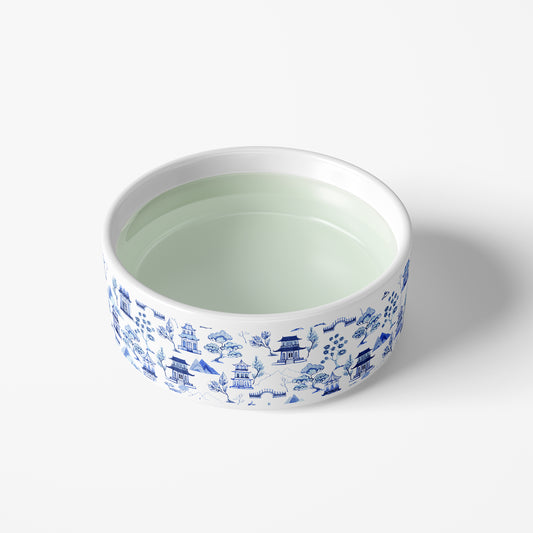 Chinoiserie Toile Pattern Pet Bowl, Ceramic, White & Blue