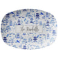 Blue & White toile print serving platter with pagodas and trees and custom name at center.