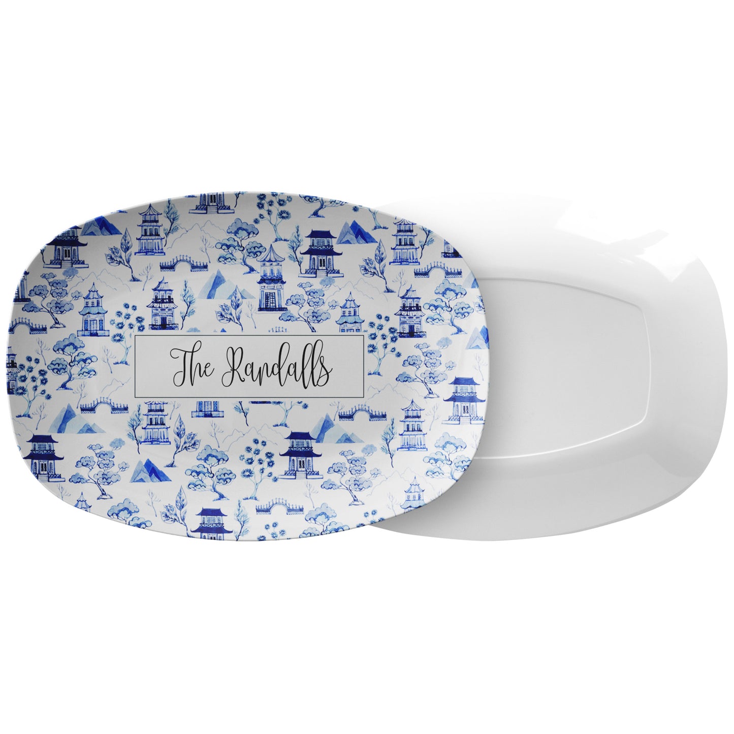 Personalized Serving Platter, Chinoiserie Toile, Blue and White, Luxury Plastic