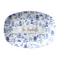 Oval SERVING PLATTER with blue and white CHINOISERIE pattern and custom text on a white background