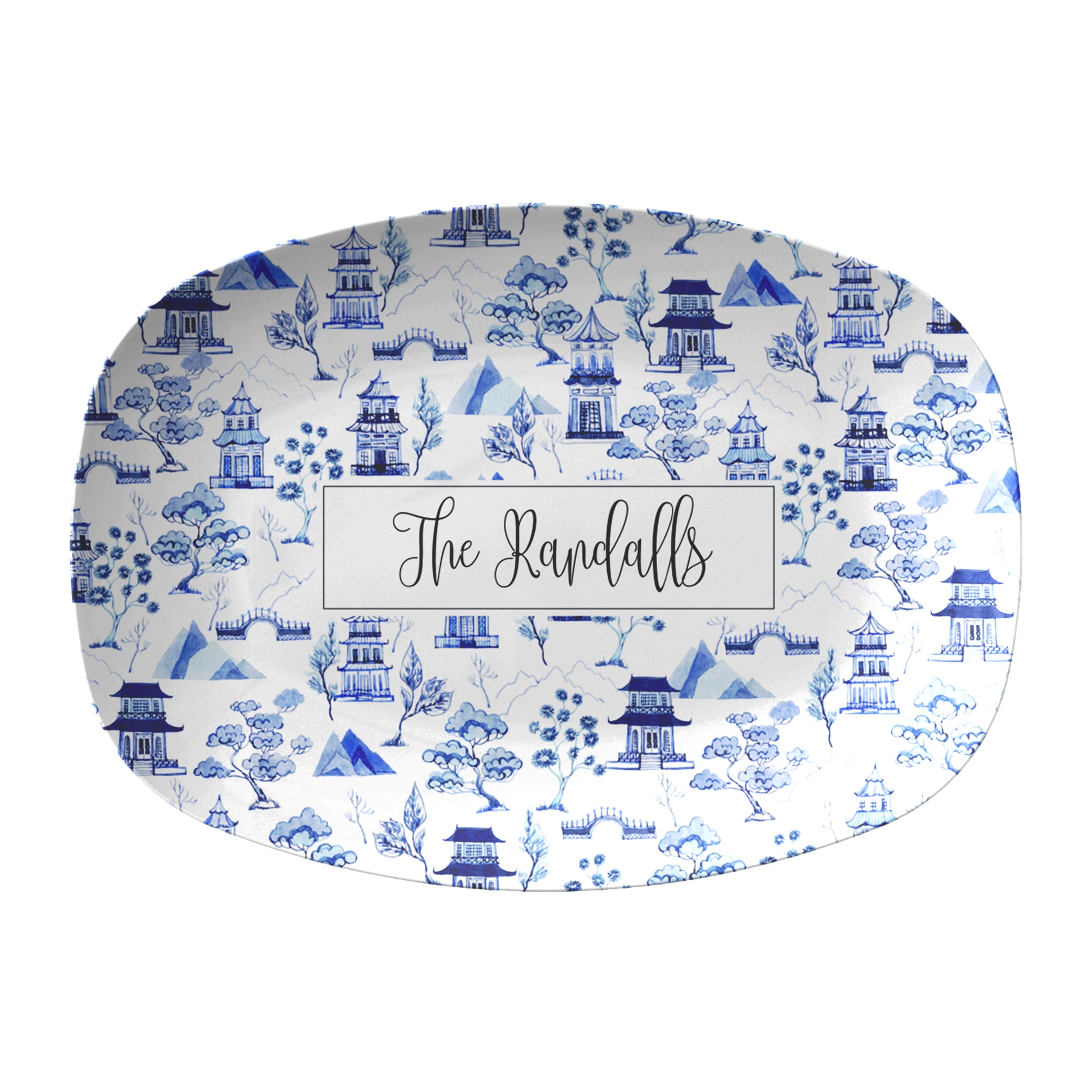 Oval SERVING PLATTER with blue and white CHINOISERIE pattern and custom text on a white background