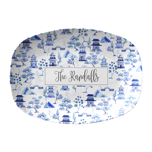 Oval SERVING PLATTER with blue and white CHINOISERIE pattern and custom text on a white background