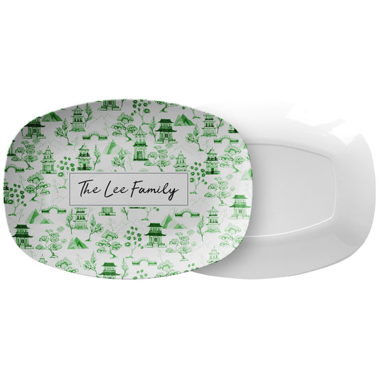 Personalized Serving Platter, Chinoiserie Toile, Green and White, Luxury Plastic