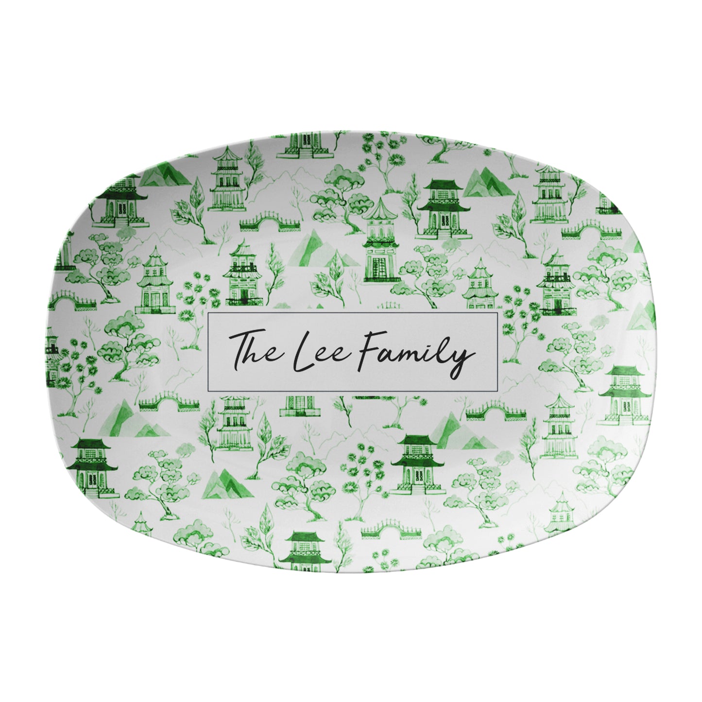 Green & White serving platter with chinoiserie toile print and custom text on white background