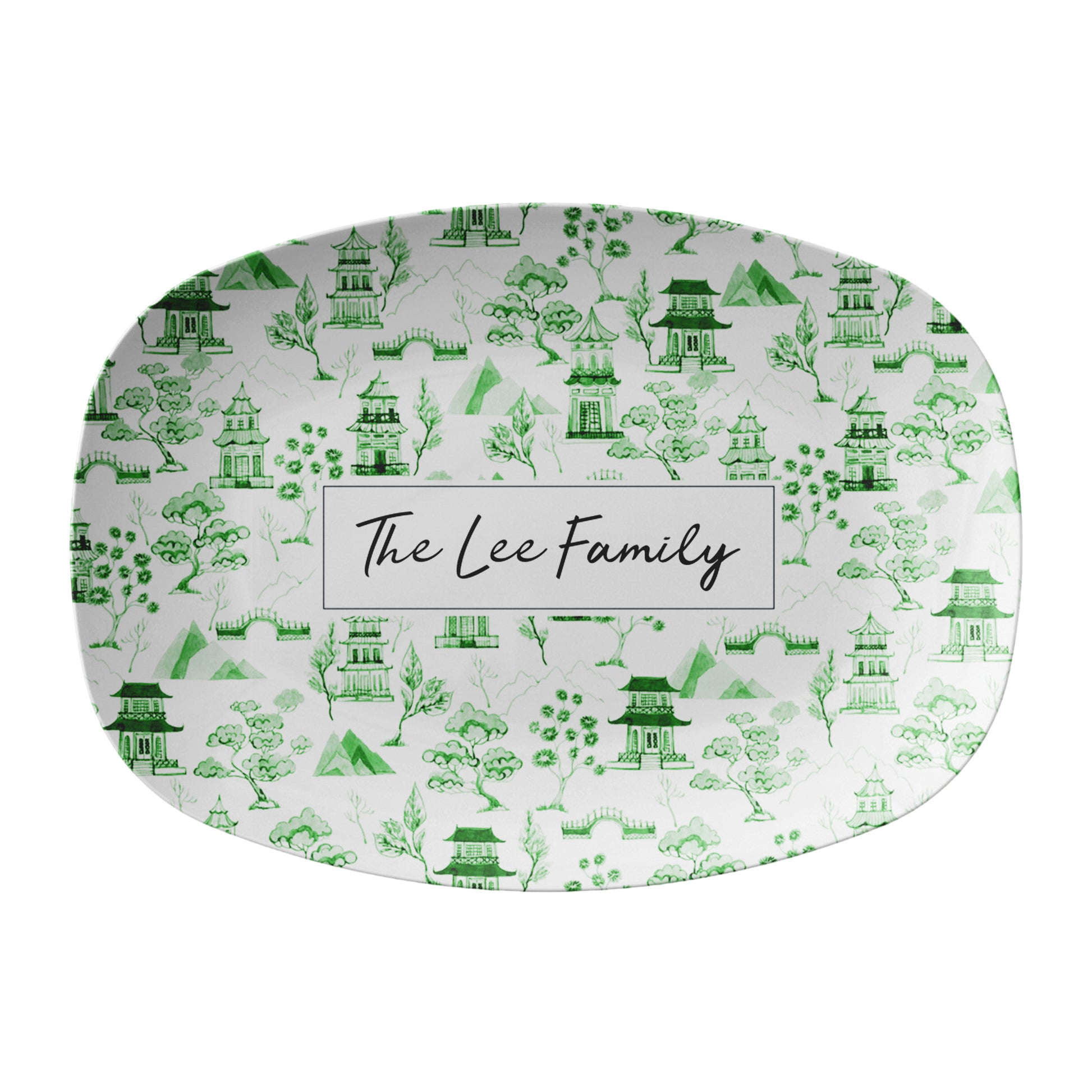 Green & White serving platter with chinoiserie toile print and custom text on white background