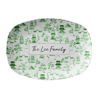 Green & White serving platter with chinoiserie toile print and custom text on white background