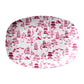 Pink chinoiserie toile pattern printed on white platter.