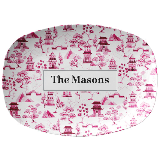 Personalized Serving Platter with Pink Chinoiserie Toile Pattern featuring pagodas and trees. Custom name at center.
