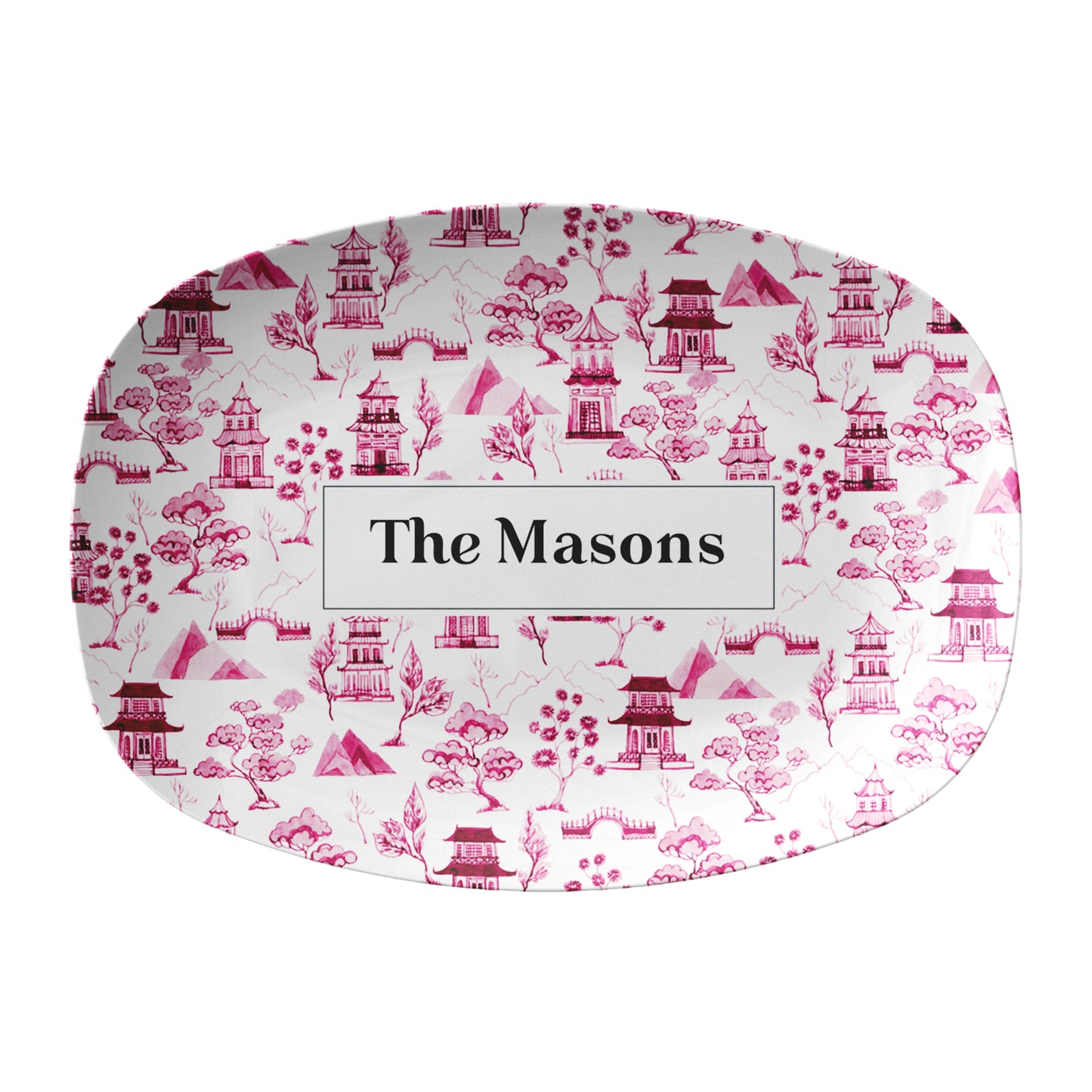Oval platter with pink and white toile pattern and custom text