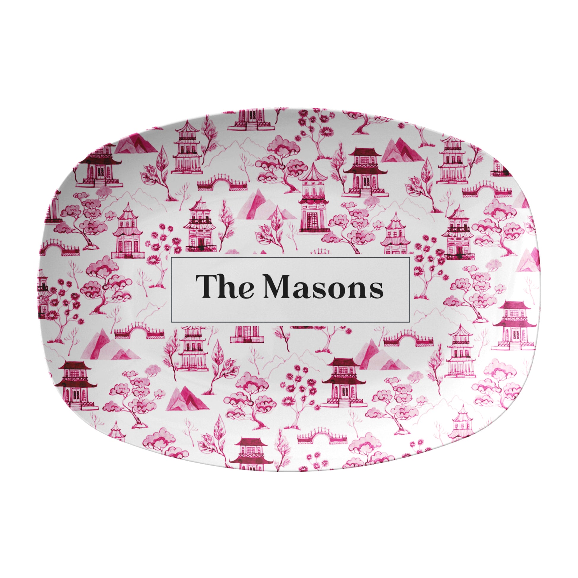 Oval platter with pink and white toile pattern and custom text